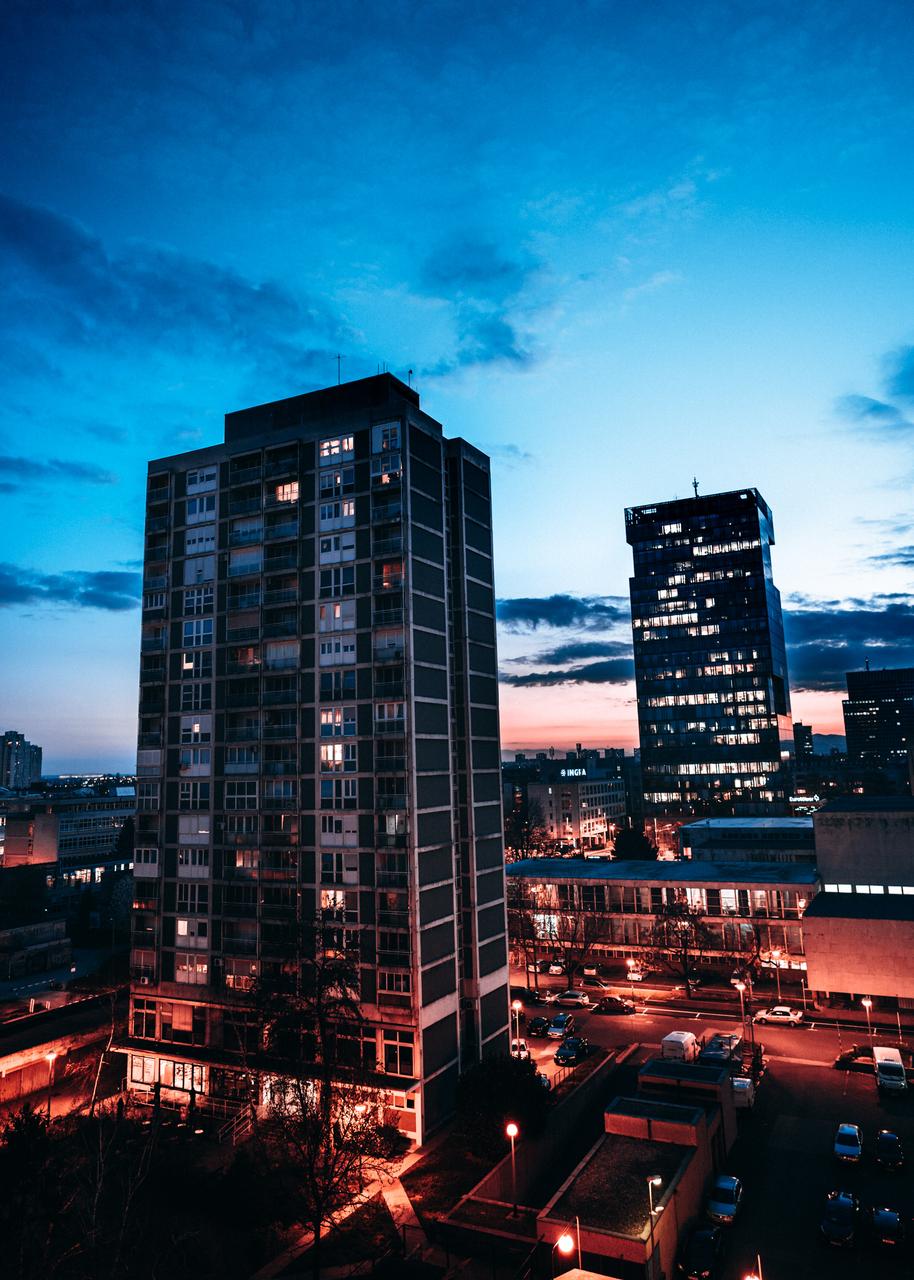 Night view of Zagreb cityscape in 2006 with illuminated buildings and streets